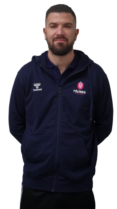 Homme portant un sweat bleu TFHB Toulouse féminin handball.